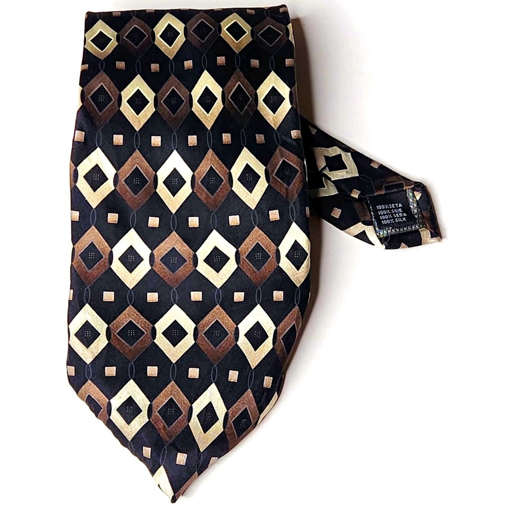 Knightsbridge 100% Silk Men's Tie Black Brown Beige Geometric Pointed - 61"